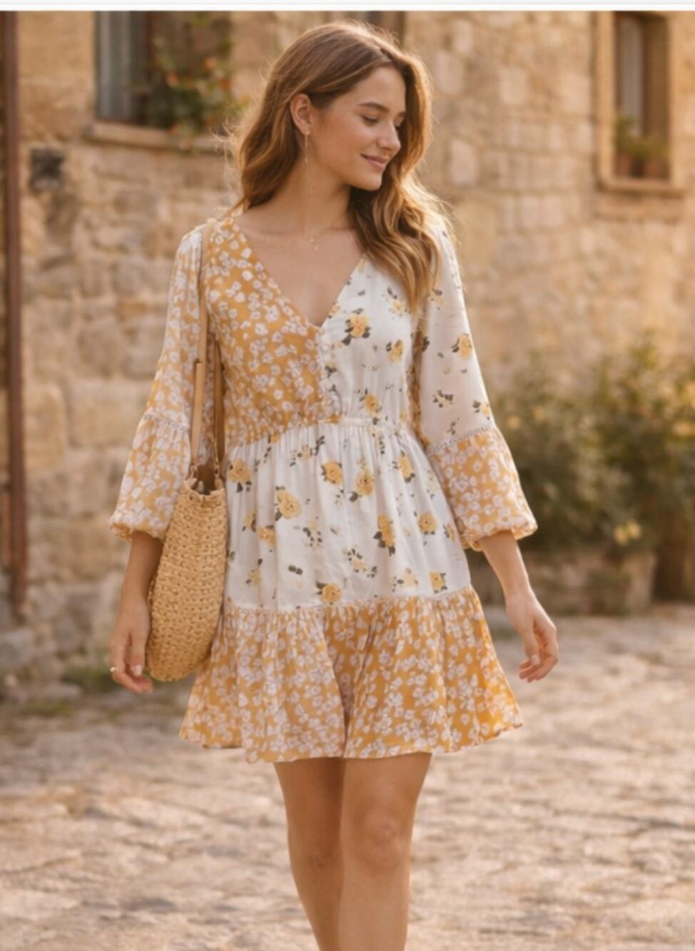 River Island Mixed Print Floral Mini Dress Cottagecore Boho Size 8